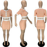 Houndstooth Print Button Short Sleeve Crop Top and Mini Skirt 2PCS Set