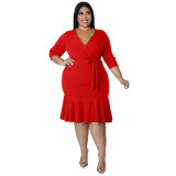 Plus Size Solid Sexy V Neck Tie Waist Ruffle Wrap Dress