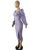 Puff Sleeve Solid Slit Elegant Midi Dress