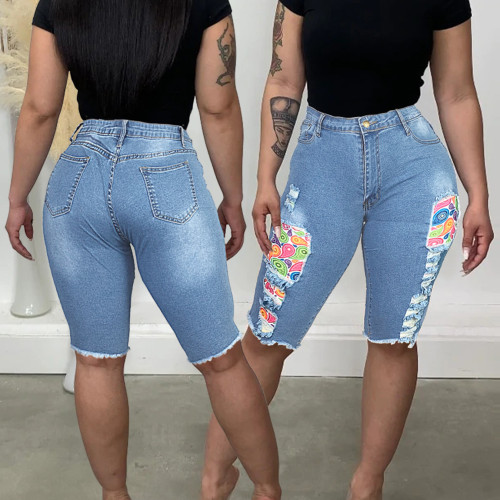 Plus Size Women Ripped Contrast Patches Denim Shorts
