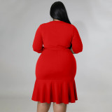 Plus Size Solid Sexy V Neck Tie Waist Ruffle Wrap Dress