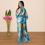 Women Silky 2PCS Set Long Sleeve Printed Belted Top and Wide Leg Pants