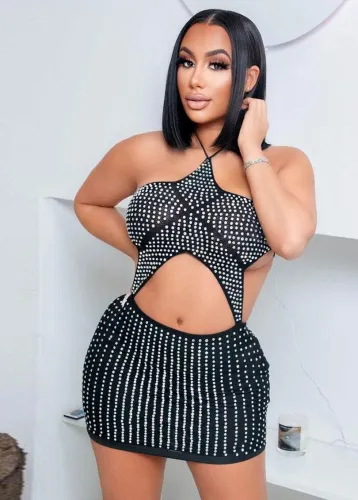 Sexy Halter Cut Out Backless Rhinestone Slinky Club Dress
