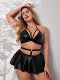Plus Size PU Leather Bra Top and Skirt Lingerie Set