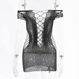 Black Sexy Beaded Mesh See-Through Hollow Out Bodycon Mini Dress