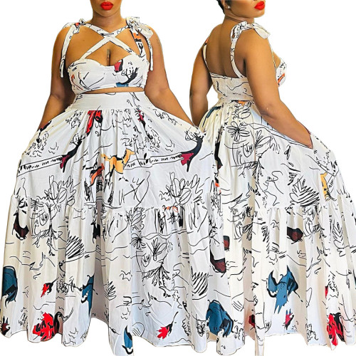 Sexy Straps Print Cutout Shirrred Loose Maxi Dress with Pocket