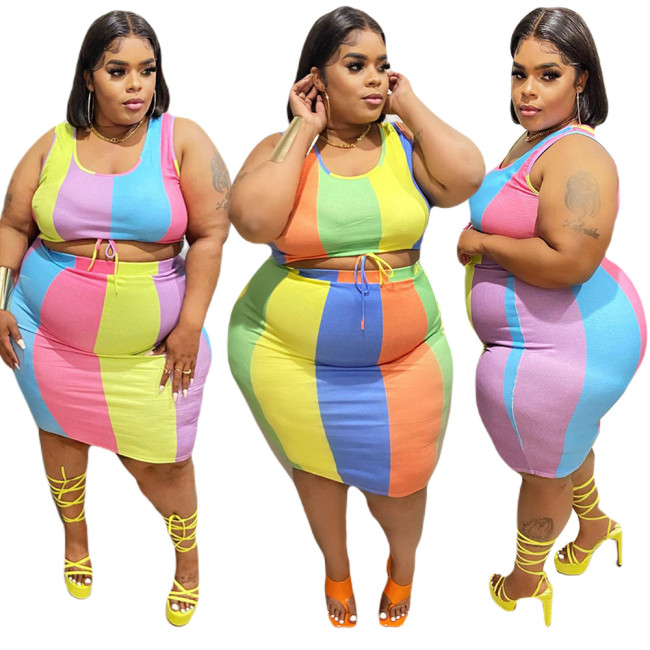 Color Block Cropped Tank Top + Skirt Plus Size Two Pieces