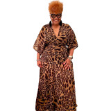 Plus Size Leopard Print V-neck Half Sleeve Maxi Dress