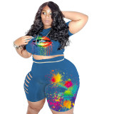 Plus Size Trendy Casual Ripped Lips Print Two Piece Shorts Set