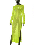 Full Sleeve Side Slit Rhinestone Party Maxi Dress