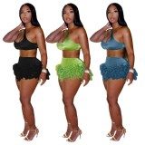 Sexy Feather Irregular One Shoulder Velvet Two Piece Shorts Set