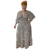 Plus Size Leopard Print V-neck Half Sleeve Maxi Dress