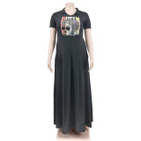 Plus Size Turndown Collar Print Short Sleeve Maxi Dress