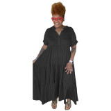 Plus Size Solid Button Turndown Collar Short Sleeve Loose Maxi Dress
