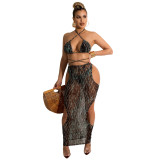 Sexy Print Bikini Set with Hollow Out Cover-Up Skirt Beachwear