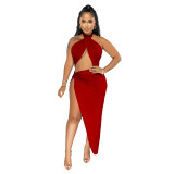 Solid Color Halter Low Back Irregular Slit Sexy Club Dress