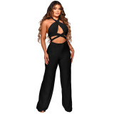 Solid Halter Low Back Hollow Out Wide Leg Jumpsuit