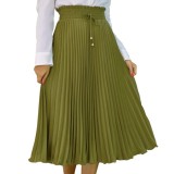 Solid Mid Length High Waist Retro Pleated Drawstring Skirt