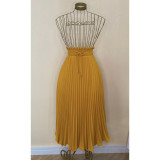 Solid Mid Length High Waist Retro Pleated Drawstring Skirt