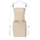 Sexy Solid Strapless Crop Top and Mini Skirt Two Piece Set