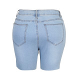 Plus Size Light Blue Ripped Denim Capri Shorts