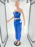 Bandeau Top Eyelet Lace-Up Casual Two Piece Pants Set
