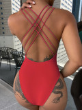 Solid V-Neck Strappy Back One Piece Swimsuit