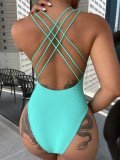 Solid V-Neck Strappy Back One Piece Swimsuit