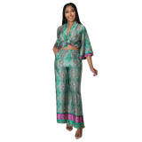 Women Silky 2PCS Set Long Sleeve Printed Belted Top and Wide Leg Pants