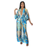 Women Silky 2PCS Set Long Sleeve Printed Belted Top and Wide Leg Pants
