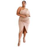 Plus Size Sexy One Shoulder Ruched Irregular Slit Bodycon Dress