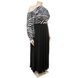 Plus Size 2PCS Set Cold Shoulder Single Sleeve Zebra Print Top and Black Long Dress