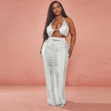 Hollow Out Halter Bra Top and Long Skirt Beachwear 2PCS Cover Ups