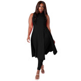 Plus Size Two Pieces Sexy Solid Sleeveless Slit Long Top and Pants Set