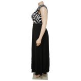 Plus Size 2PCS Set Cold Shoulder Single Sleeve Zebra Print Top and Black Long Dress