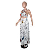 Sexy Straps Print Cutout Shirrred Loose Maxi Dress with Pocket