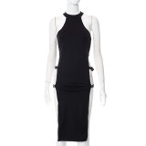Solid Sleeveless Hollow Out Side Slit Sexy Club Dress
