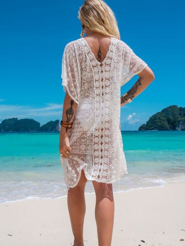 Hollow Out V-Neck Lace Embroidered Beach Dress Cover Ups
