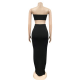 Solid Knot Strapless Crop Top Ruched Long Skirt Two Piece Set