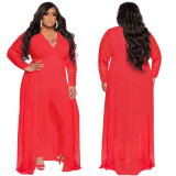 Plus Size Two Pieces V-Neck Mesh Patchwork Ruched Long Sleeve Dress Top and Pants