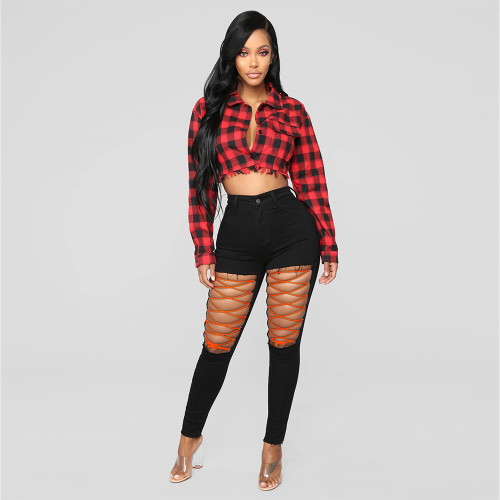 Trendy Contrast Lace-Up Cutout Black Tight Jeans