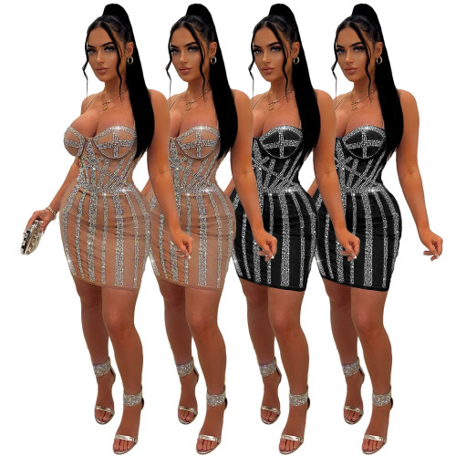 Sexy Mesh Rhinestone Nightclub See-Through Cami Bodycon Dress