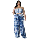 Tie-Dye Bandeau Top + Wide Leg Pants Plus Size Two-Piece Set