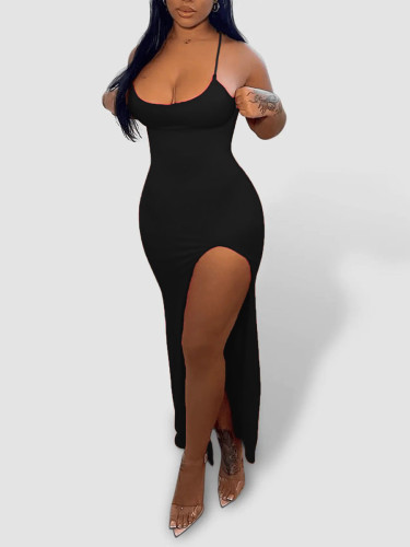 Black Sexy Slit Plus Size Cami Long Dress
