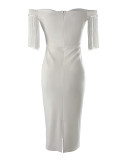 White Sexy Off-Shoulder Fringe Slim Fit Midi Dress