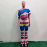 Womens Colorblock Print Drawstring Crop Top & Flare Pants Two Piece Set