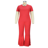 Solid Ribbed Plus Size Short Sleeve Two Piece Flare Pants Set