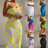 Print Sexy One Shoulder Bodycon Cutout Waist Midi Dress