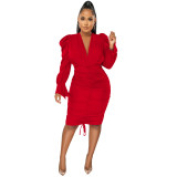 Solid Puff Long Sleeve Ruched Plunge Drawstring Bodycon Dress
