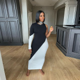 Sexy Black and White Single Long Sleeve Splicing Bodycon Maxi Dress